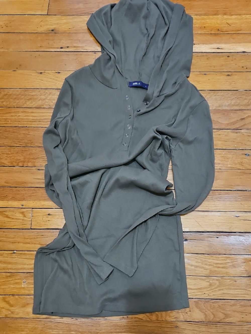 Doublju Olive Ribbed Henley Hoodie Top